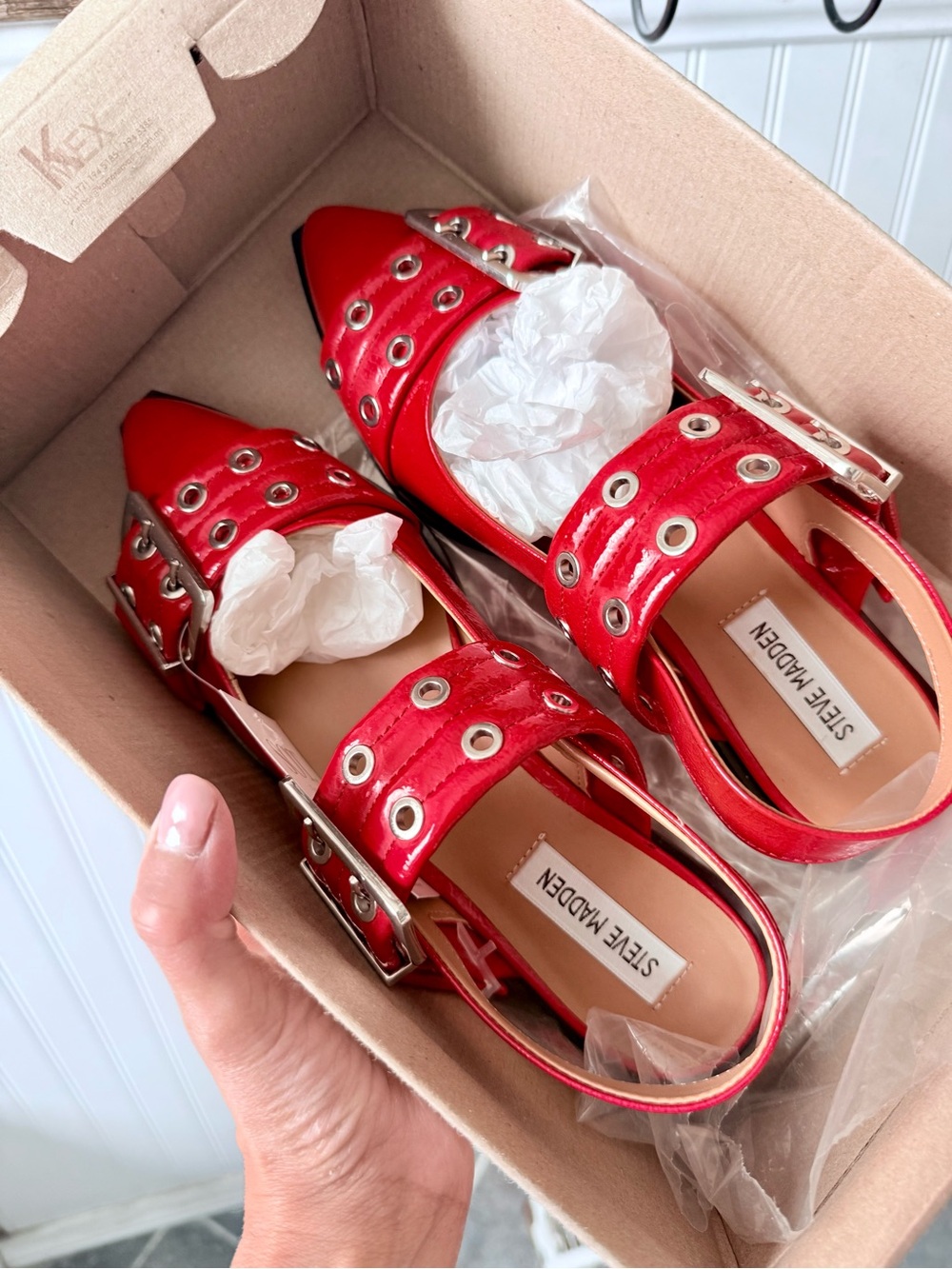 Steve Madden Red Patent Buckle Slingback Flats - Picture 2 of 7